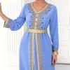 imageIDOPIP Embroidery Abayas for Women Muslim Moroccan Floral Maxi Kaftan Dress Arabic Islamic Dubai Robe Ramadan Prayer ClothesBlue