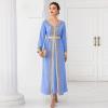 imageIDOPIP Embroidery Abayas for Women Muslim Moroccan Floral Maxi Kaftan Dress Arabic Islamic Dubai Robe Ramadan Prayer ClothesBlue