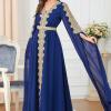 imageIDOPIP Embroidery Abayas for Women Muslim Moroccan Floral Maxi Kaftan Dress Arabic Islamic Dubai Robe Ramadan Prayer ClothesDark Blue