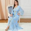 imageIDOPIP Embroidery Abayas for Women Muslim Moroccan Floral Maxi Kaftan Dress Arabic Islamic Dubai Robe Ramadan Prayer ClothesLight Blue