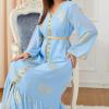 imageIDOPIP Embroidery Abayas for Women Muslim Moroccan Floral Maxi Kaftan Dress Arabic Islamic Dubai Robe Ramadan Prayer ClothesLight Blue
