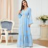 imageIDOPIP Embroidery Abayas for Women Muslim Moroccan Floral Maxi Kaftan Dress Arabic Islamic Dubai Robe Ramadan Prayer ClothesLight Blue