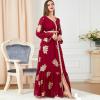 imageIDOPIP Embroidery Abayas for Women Muslim Moroccan Floral Maxi Kaftan Dress Arabic Islamic Dubai Robe Ramadan Prayer ClothesRed