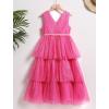 imageIDOPIP Flower Girls Tulle VNeck Bowknot Dress for Kids Long A Line Wedding Pageant Dresses Princess Birthday Party Ball GownHot Pink