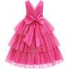 imageIDOPIP Flower Girls Tulle VNeck Bowknot Dress for Kids Long A Line Wedding Pageant Dresses Princess Birthday Party Ball GownHot Pink