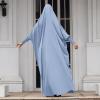 imageIDOPIP Muslim Abaya for Women One Piece Long Sleeve Islamic Prayer Dress with Hooded Hijab Maxi Kaftan Robe Modest ClothesBlue