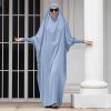 imageIDOPIP Muslim Abaya for Women One Piece Long Sleeve Islamic Prayer Dress with Hooded Hijab Maxi Kaftan Robe Modest ClothesBlue
