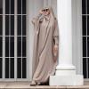 imageIDOPIP Muslim Abaya for Women One Piece Long Sleeve Islamic Prayer Dress with Hooded Hijab Maxi Kaftan Robe Modest ClothesLight Khaki