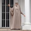 imageIDOPIP Muslim Abaya for Women One Piece Long Sleeve Islamic Prayer Dress with Hooded Hijab Maxi Kaftan Robe Modest ClothesLight Khaki