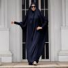imageIDOPIP Muslim Abaya for Women One Piece Long Sleeve Islamic Prayer Dress with Hooded Hijab Maxi Kaftan Robe Modest ClothesNavy Blue
