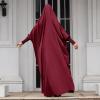 imageIDOPIP Muslim Abaya for Women One Piece Long Sleeve Islamic Prayer Dress with Hooded Hijab Maxi Kaftan Robe Modest ClothesWine Red