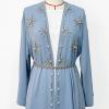 imageIDOPIP Muslim Abayas for Women Long Sleeve Open Front Cardigan Rhinestone Applique Islamic Dubai Maxi Kaftan Dress with BeltBlue