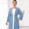 imageIDOPIP Muslim Abayas for Women Long Sleeve Open Front Cardigan Rhinestone Applique Islamic Dubai Maxi Kaftan Dress with BeltBlue
