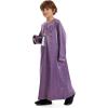 imageIDOPIP Muslim Arabic Thobe for Boys Kids Long Sleeve Islamic Arabic Kaftan Robe Embroidered Abaya Dress Clothes with PocketsPurple