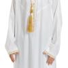 imageIDOPIP Muslim Arabic Thobe for Boys Kids Long Sleeve Islamic Arabic Kaftan Robe Embroidered Abaya Dress Clothes with PocketsWhite