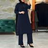 imageIDOPIP Womens Muslim Abaya Dress 2 Pieces Set Long Sleeve Button Down Shirt and Pants Casual Arabic Islamic Dubai OutfitsNavy Blue