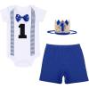 imageIDOPIP Baby Boys First Birthday Cake Smash Outfit Bowtie Romper  Shorts Bodysuit  Sequins Crown 3PCS Set Photo Prop