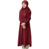 imageIDOPIP Muslim Dress for Girls Islamic Prayer Abaya Smocked Long Sleeve Kaftan Robe Dresses with Hijab Ramadan Dubai OutfitsWine Red