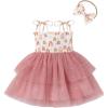 imageIDOPIP Toddler Baby Girls Tutu Dress Smocked Princess Strawberry Melon Birthday Party Dresses with Headband Cake Smash OutfitDusty Pink Rainbow