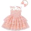 imageIDOPIP Toddler Baby Girls Tutu Dress Smocked Princess Strawberry Melon Birthday Party Dresses with Headband Cake Smash OutfitPink Daisy