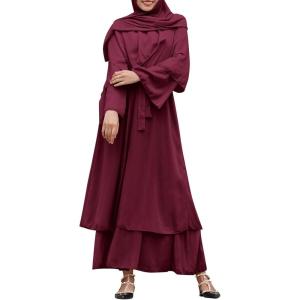imageAbayas Muslim Dress for Women Long Sleeve Islamic Abaya Eid Dubai Kaftan Dresses Middle East Prayer Dress Chiffon RobeWine Red