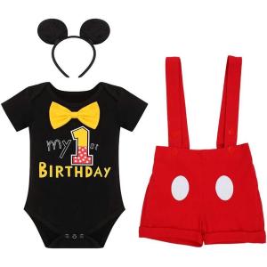imageBaby Boys 1st Birthday Party Cake Smash Outfit Bowtie Romper Suspenders Shorts Pants Mouse Ear Headband 4PCS Clothes Set for Photo Prop Fancy Dress up Costume Black 1st Birthday  Dot 1218 Months