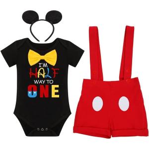 imageBaby Boys Half Way to One Birthday Cake Smash Outfit Bowtie Romper Suspenders Shorts Headband Set Halloween Fancy Dress up Mouse Costume for Photo Party Black  Im Half Way to One 1 612 Months