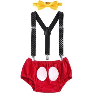 imageChristmas Cake Smash Mickey Outfit Baby Boys First 1st 2nd Birthday Party Bloomers Bowtie YBack Clip Suspenders Diaper Cover Photography Props Costume 3pcs Clothes Set Red  Black 1218 Months