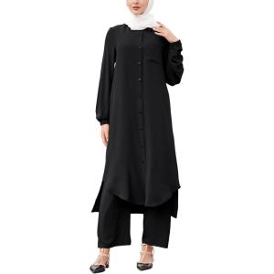 imageIDOPIP Abaya Dress for Women Muslim Set Long Sleeve Chiffon Islamic Dress Shirt with Pants 2PCS Dubai Prayer Casual ClothesBlack