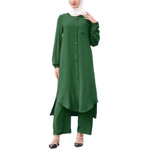 imageIDOPIP Abaya Dress for Women Muslim Set Long Sleeve Chiffon Islamic Dress Shirt with Pants 2PCS Dubai Prayer Casual ClothesBlackish Green