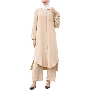 imageIDOPIP Abaya Dress for Women Muslim Set Long Sleeve Chiffon Islamic Dress Shirt with Pants 2PCS Dubai Prayer Casual ClothesChampagne
