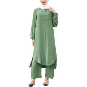 imageIDOPIP Abaya Dress for Women Muslim Set Long Sleeve Chiffon Islamic Dress Shirt with Pants 2PCS Dubai Prayer Casual ClothesGreen