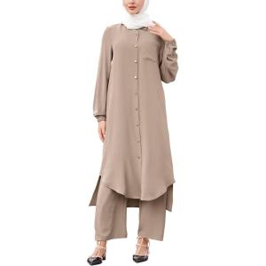 imageIDOPIP Abaya Dress for Women Muslim Set Long Sleeve Chiffon Islamic Dress Shirt with Pants 2PCS Dubai Prayer Casual ClothesKhaki