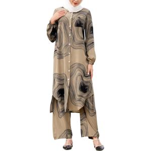 imageIDOPIP Abaya Dress for Women Muslim Set Long Sleeve Chiffon Islamic Dress Shirt with Pants 2PCS Dubai Prayer Casual ClothesKhaki Print