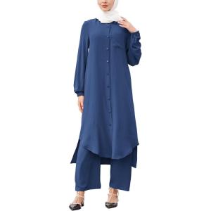 imageIDOPIP Abaya Dress for Women Muslim Set Long Sleeve Chiffon Islamic Dress Shirt with Pants 2PCS Dubai Prayer Casual ClothesNavy Blue