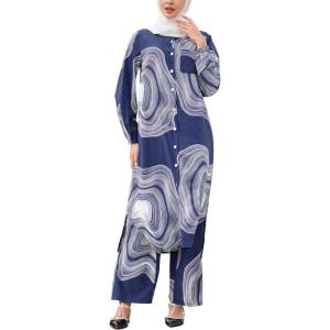 imageIDOPIP Abaya Dress for Women Muslim Set Long Sleeve Chiffon Islamic Dress Shirt with Pants 2PCS Dubai Prayer Casual ClothesNavy Blue Print