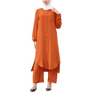 imageIDOPIP Abaya Dress for Women Muslim Set Long Sleeve Chiffon Islamic Dress Shirt with Pants 2PCS Dubai Prayer Casual ClothesOrange