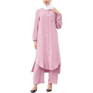 imageIDOPIP Abaya Dress for Women Muslim Set Long Sleeve Chiffon Islamic Dress Shirt with Pants 2PCS Dubai Prayer Casual ClothesPink