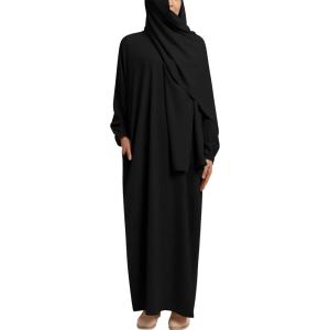 imageIDOPIP Abaya for Women Muslim Dress One Piece Long Sleeve Islamic Prayer Dress with Hooded Hijab Jilbab Loose Maxi Kaftan Dubai Robe Full Length Cover Gown Middle East Modest Prayer Clothes Black No1