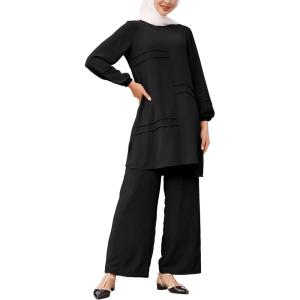 imageIDOPIP Abayas Dress for Women Muslim Long Sleeve Top Pants 2PCS Islamic Dubai Outfit Casual Ramadan Prayer Dress Clothes SetsBlack