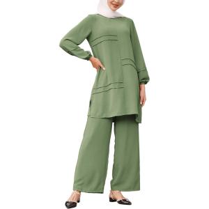 imageIDOPIP Abayas Dress for Women Muslim Long Sleeve Top Pants 2PCS Islamic Dubai Outfit Casual Ramadan Prayer Dress Clothes SetsGreen