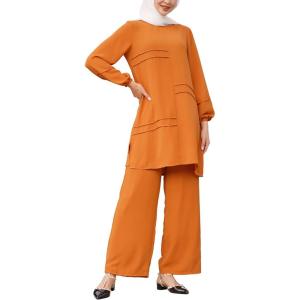 imageIDOPIP Abayas Dress for Women Muslim Long Sleeve Top Pants 2PCS Islamic Dubai Outfit Casual Ramadan Prayer Dress Clothes SetsOrange