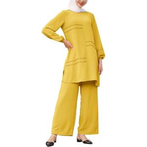 imageIDOPIP Abayas Dress for Women Muslim Long Sleeve Top Pants 2PCS Islamic Dubai Outfit Casual Ramadan Prayer Dress Clothes SetsYellow