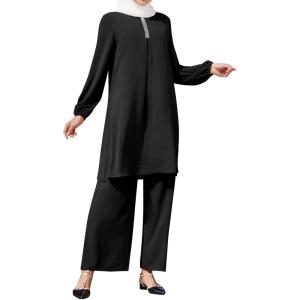 imageIDOPIP Abayas Dress for Women Muslim Outfits Long Sleeve Islamic Dress Shirt with Pants 2PCS Dubai Prayer Casual Clothes SetsBlack