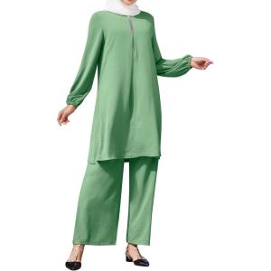 imageIDOPIP Abayas Dress for Women Muslim Outfits Long Sleeve Islamic Dress Shirt with Pants 2PCS Dubai Prayer Casual Clothes SetsGreen