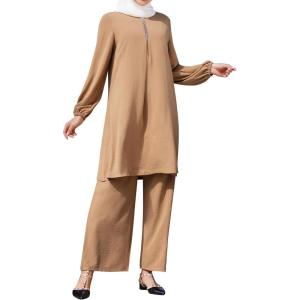imageIDOPIP Abayas Dress for Women Muslim Outfits Long Sleeve Islamic Dress Shirt with Pants 2PCS Dubai Prayer Casual Clothes SetsKhaki