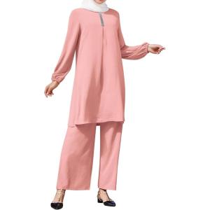 imageIDOPIP Abayas Dress for Women Muslim Outfits Long Sleeve Islamic Dress Shirt with Pants 2PCS Dubai Prayer Casual Clothes SetsPink