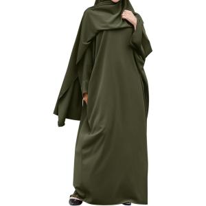 imageIDOPIP Abayas for Women Muslim Dress with Hijab OnePiece Long Sleeve Islamic Prayer Dress with Khimar Jilbab Kaftan ClothesArmy Green 1pc Dress Only