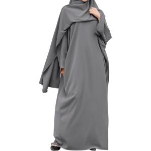 imageIDOPIP Abayas for Women Muslim Dress with Hijab OnePiece Long Sleeve Islamic Prayer Dress with Khimar Jilbab Kaftan ClothesGray 1pc Dress Only