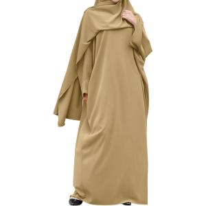 imageIDOPIP Abayas for Women Muslim Dress with Hijab OnePiece Long Sleeve Islamic Prayer Dress with Khimar Jilbab Kaftan ClothesKhaki 1pc Dress Only